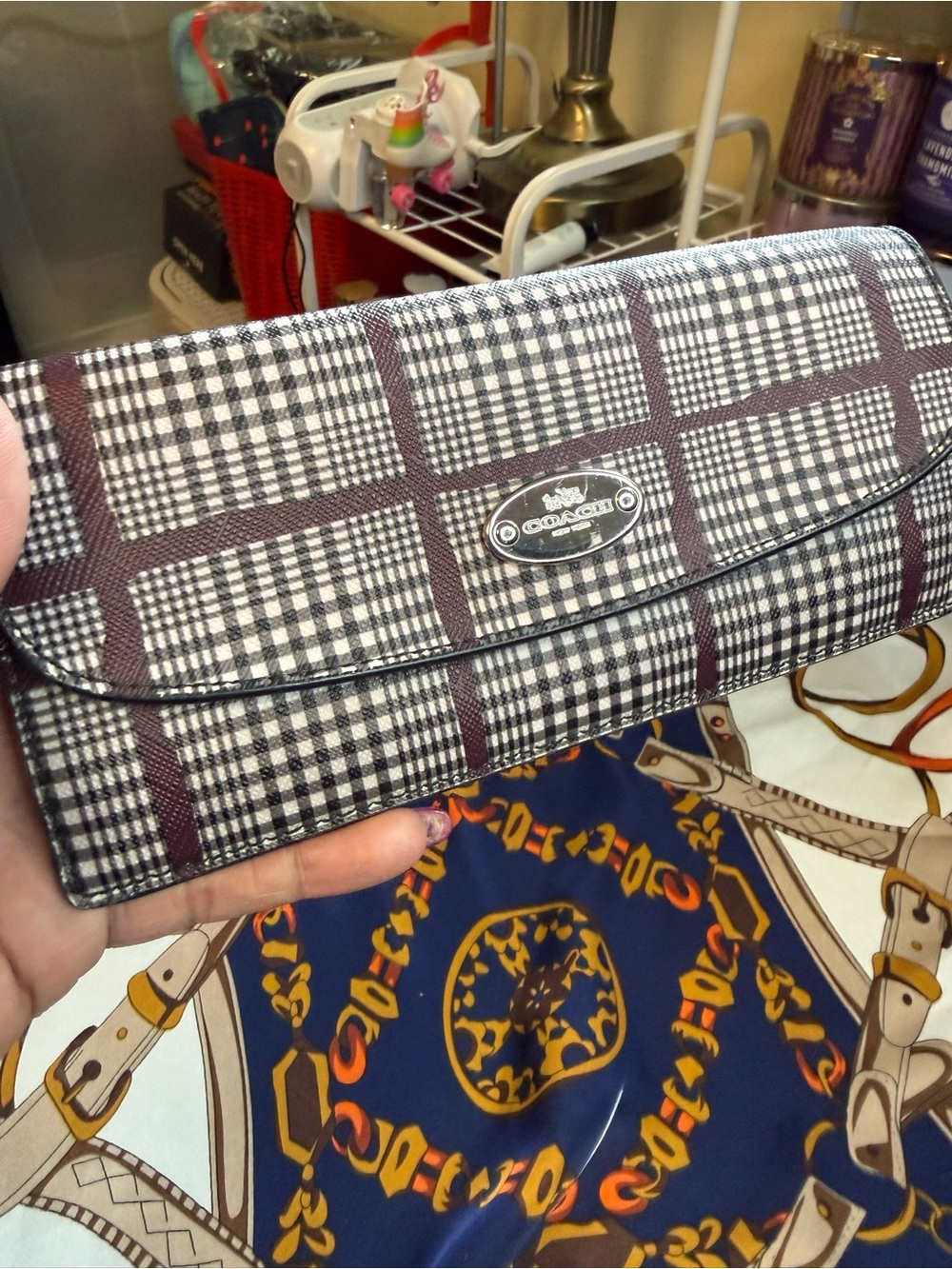 Coach Glen Plaid Slim Wallet – Black/White/Burgundy Coated Canvas Wallet